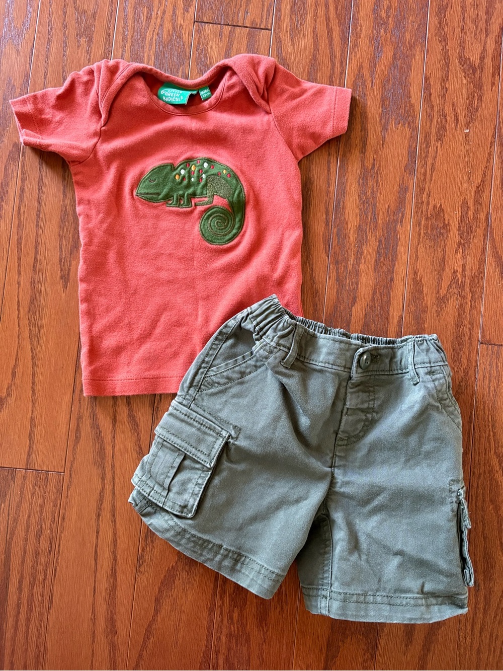 Little Green Radicals Rust Red Tee with Gap green Cargo Shorts